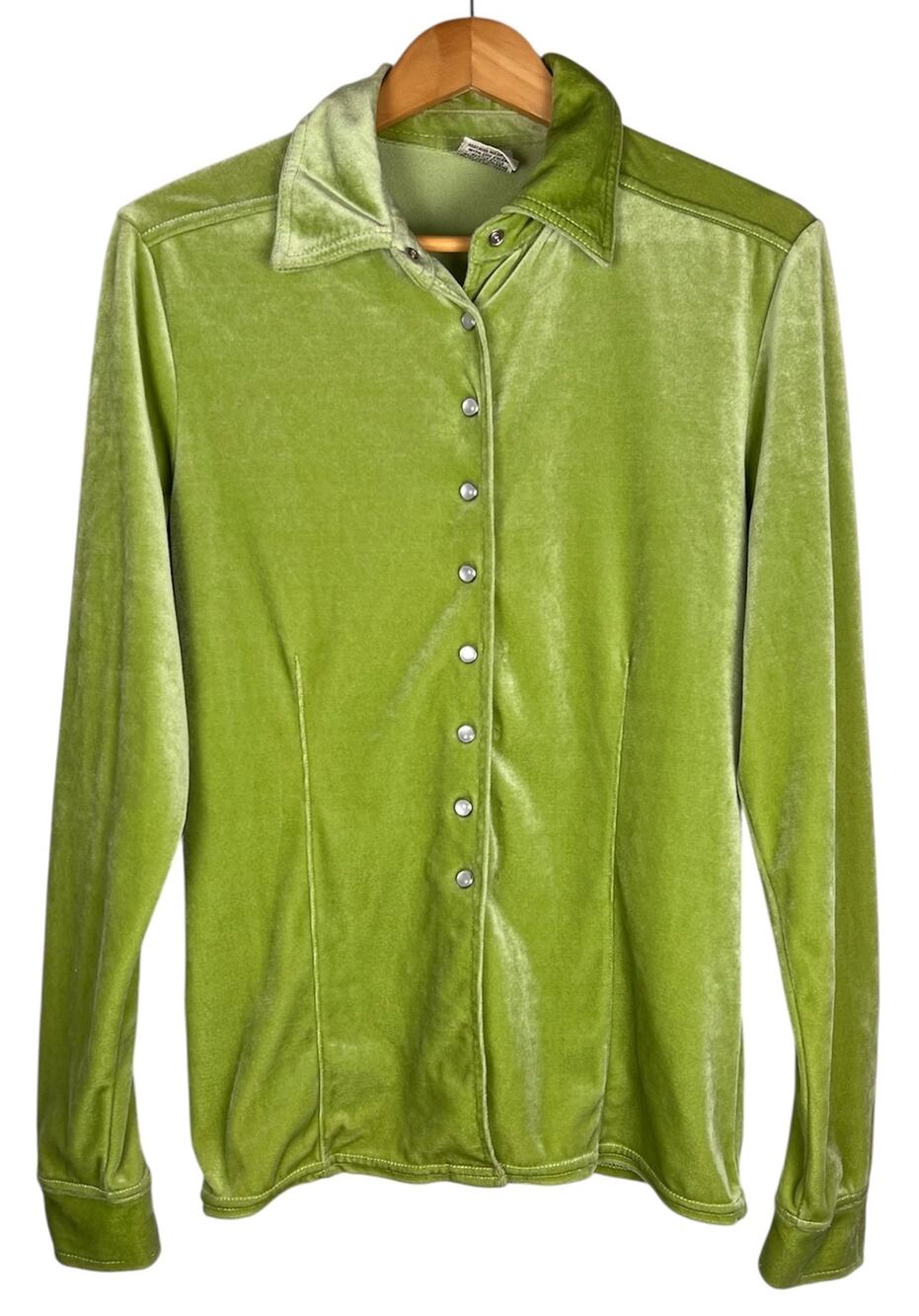 Partners Vintage Green Crushed Velvet Snap Button Long Sleeve Y2K Top Womens M
